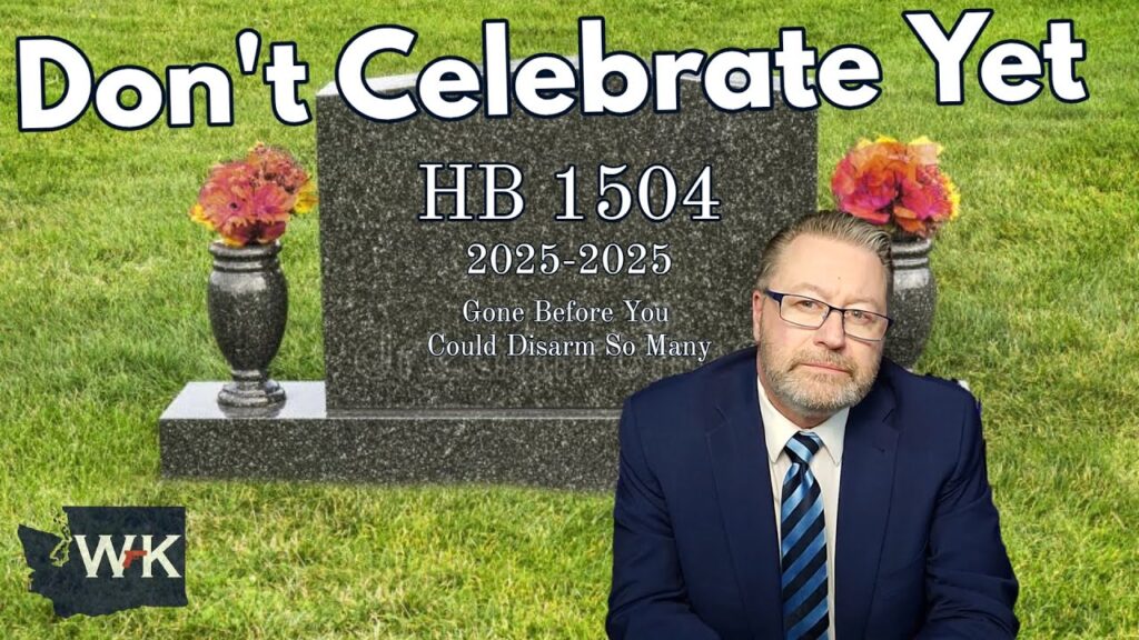 A man in a suit sits in front of a gravestone on a grassy cemetery. The gravestone reads "Don't Celebrate Yet" and "HB 1504 2025-2025 Gone Before You Could Disarm So Many." Two vases with flowers are on each side. The corner shows "WK" in a logo.