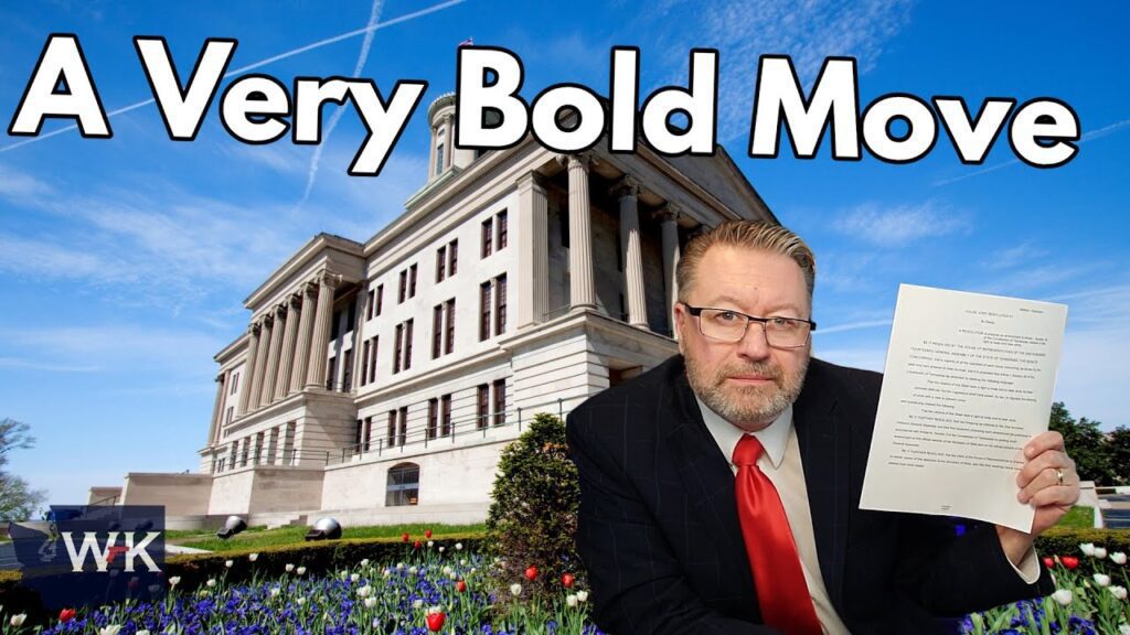 A man in a suit and red tie holds up a document outside a large building with columns. The sky is clear with contrails. Bold white text above reads "A Very Bold Move." A logo with "WK" is in the bottom left corner.