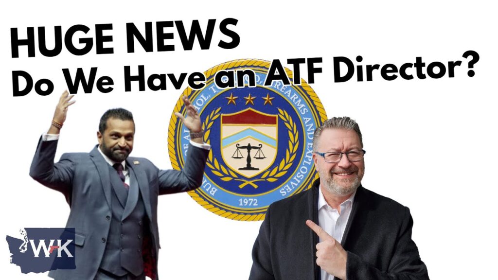 Two men in suits appear in front of the Bureau of Alcohol, Tobacco, Firearms and Explosives seal. Large text reads, "HUGE NEWS: Do We Have an ATF Director?" One man gestures confidently, while the other poses with a thumbs-up and a smile.