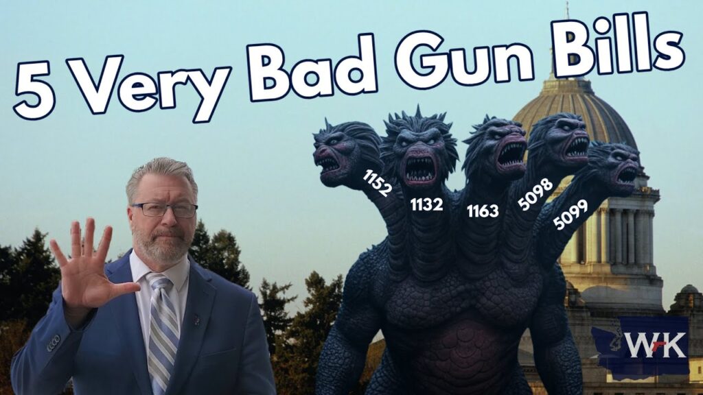 A person in a suit stands with one hand raised in front of a multi-headed creature with numbers on each head: 1152, 1132, 1163, 5098, 5099. Text reads "5 Very Bad Gun Bills." A domed building is in the background.