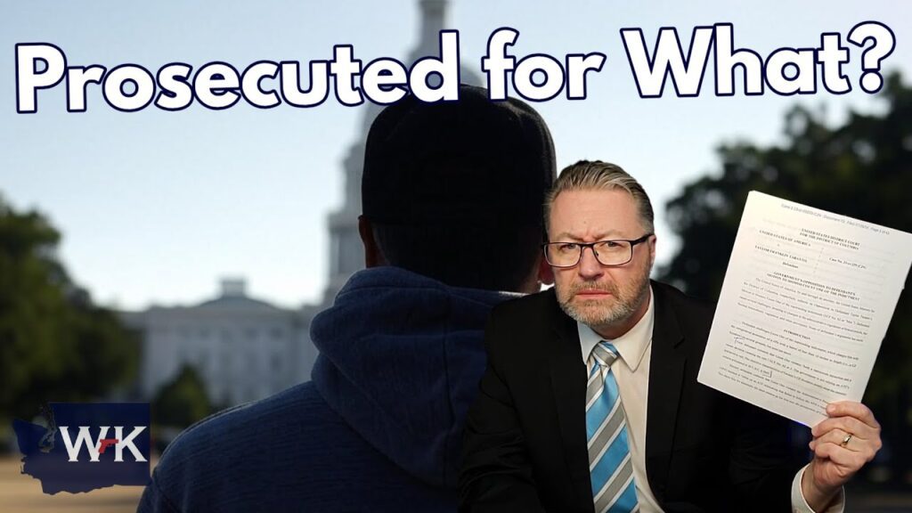 A man in a suit, holding a legal document, looks at the camera. The text reads "Prosecuted for What?" A person in a hoodie, seen from behind, faces a blurred building in the background. There's a logo with "WYK" in a bottom corner.