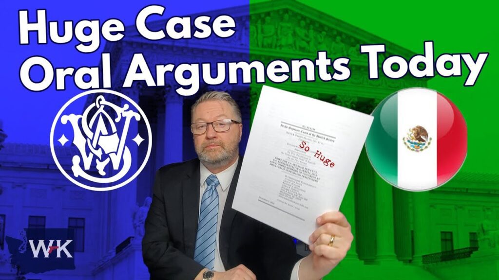 Man in a suit holding a document labeled "So Huge" in front of a backdrop featuring a court building. Logos of a stylized "A" and a Mexican flag appear beside text reading "Huge Case Oral Arguments Today.