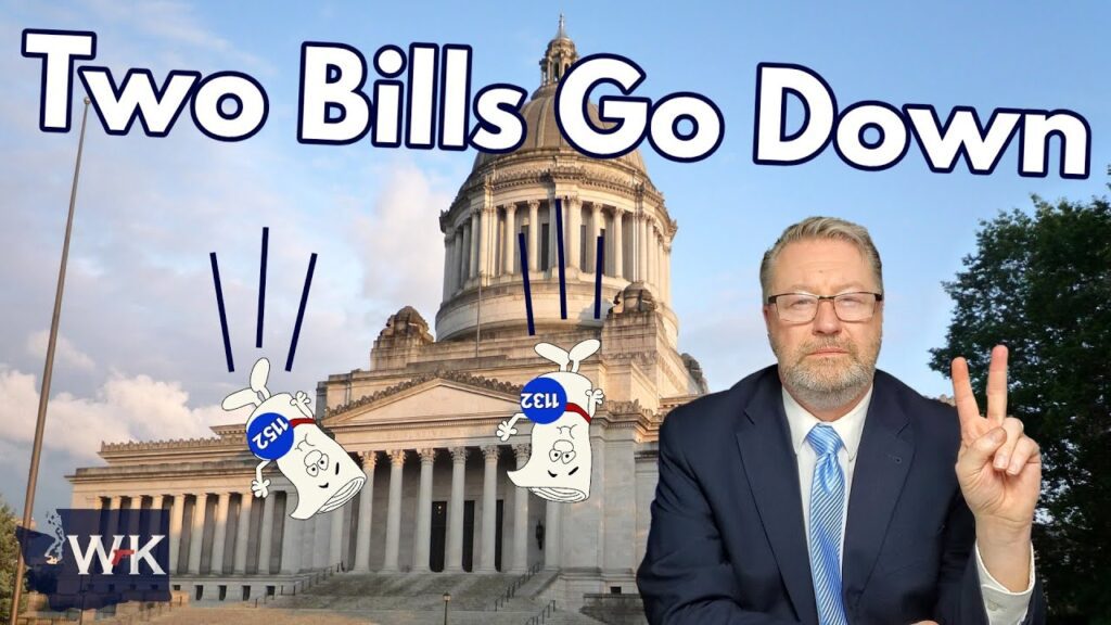 A man in a suit holds up two fingers in front of a government building. The text "Two Bills Go Down" is above, with cartoon bills marked 132 and 133 falling on either side.