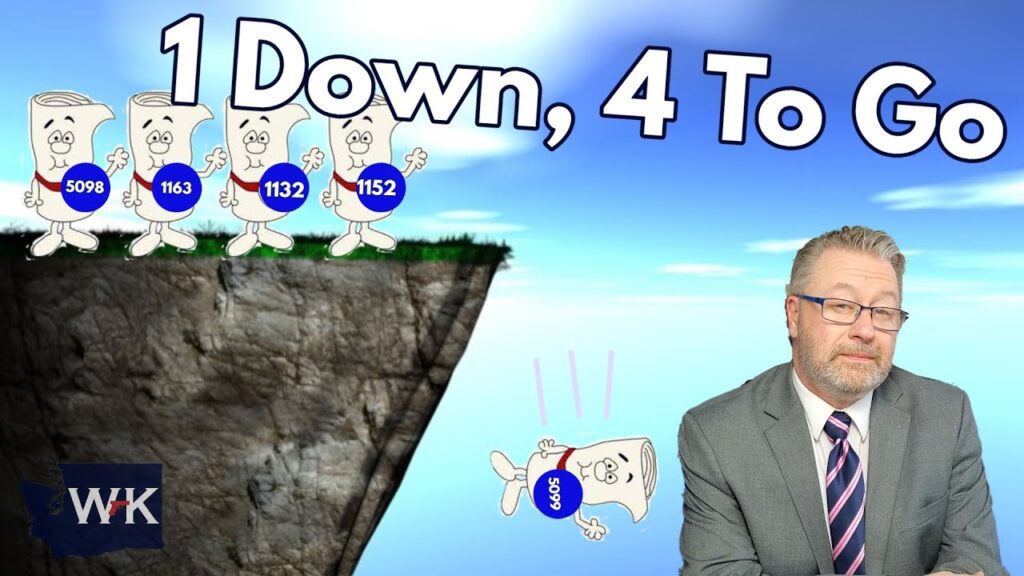 A man in a suit sits with a neutral expression. Nearby, cartoon rolls of paper with numbers (5098, 1163, 1132, 1152) are on a cliff, while one (5096) falls. Text reads "1 Down, 4 To Go." The background is a clear blue sky.