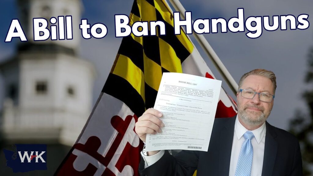 A man in a suit holds a document labeled "HOUSE BILL 655" in front of a Maryland flag backdrop. The text above reads "A Bill to Ban Handguns.