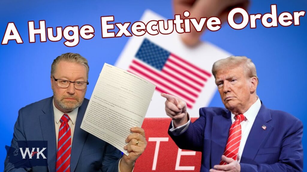 Man in a blue suit holding a document next to a photo of a pointing man in a blue suit and red tie. Background features a voting ballot with the U.S. flag, and large text reads "A Huge Executive Order.