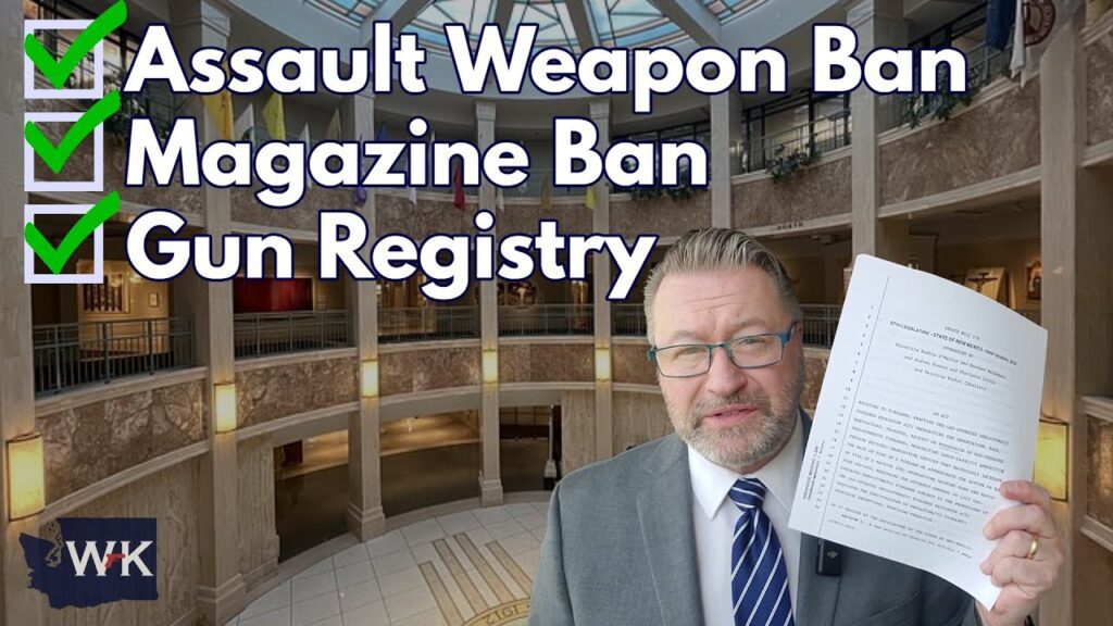 A person stands inside a building, holding a document. The text on the image has green check marks next to "Assault Weapon Ban" and "Magazine Ban" and a red check mark next to "Gun Registry." A logo with "WK" is in the bottom left corner.