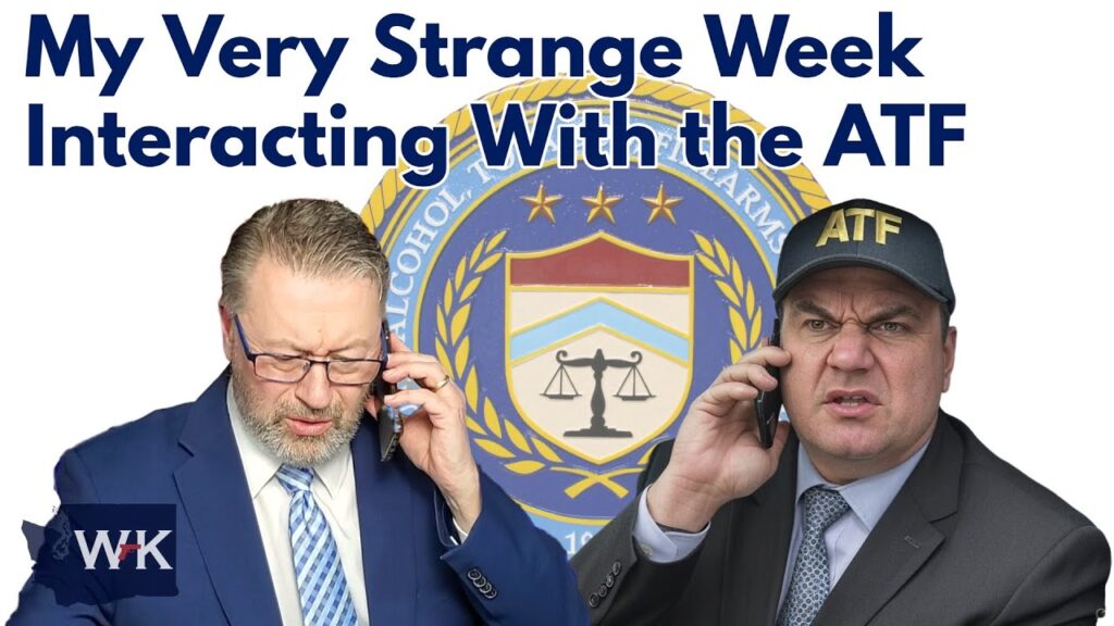 Two men in suits are talking on phones in front of a background featuring the ATF logo. The text reads "My Very Strange Week Interacting With the ATF." One wears glasses, and the other wears an ATF cap.