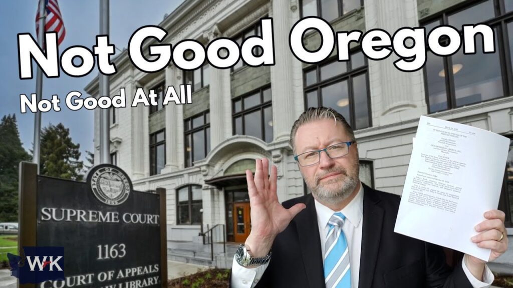 A person in a suit holds up a document outside a building labeled "Supreme Court." Overlay text reads "Not Good Oregon, Not Good At All." The scene suggests a legal or judicial issue in Oregon.