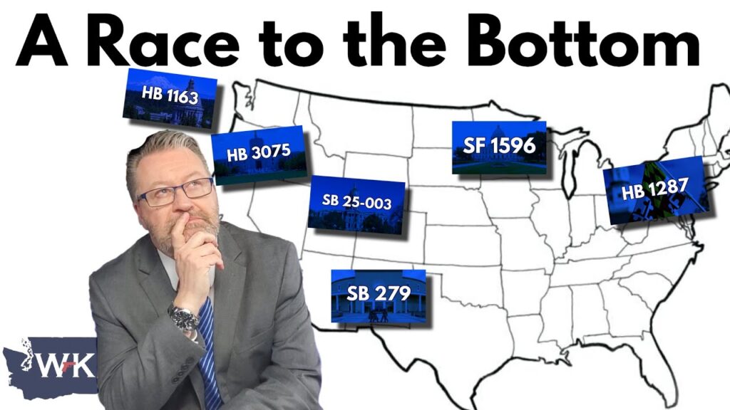 A man in a suit is thinking with his hand on his chin. Text reads "A Race to the Bottom" above a U.S. map with bills labeled: HB 1163, HB 3075, SF 1596, HB 1287, SB 25-003, SB 279. The letters "WK" are in the bottom left corner.