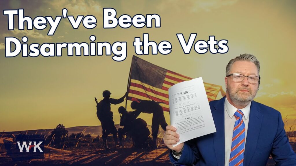 A man in a suit holds a document titled "H.R. 495" against a backdrop of soldiers raising an American flag. Text reads, "They've Been Disarming the Vets.