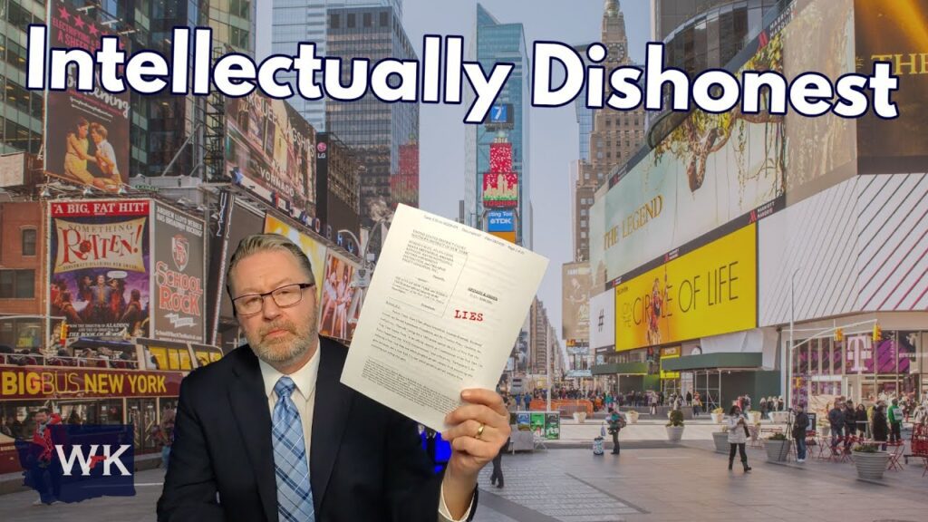 Man in a suit holding a document against a backdrop of Times Square, with the words "Intellectually Dishonest" in large text. Bright billboards and signs are visible, including one for "The Sound of Life.