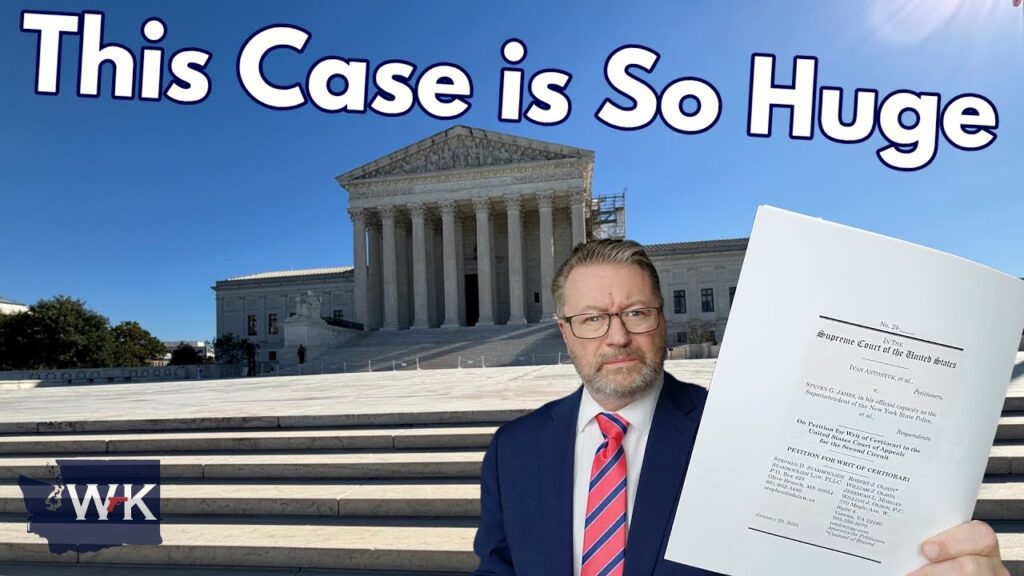 A man in a suit holds a document in front of a large building with columns. Text above says "This Case is So Huge." The sky is clear.