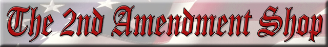Single Category 6 Text reading "The 2nd Amendment Shop" in a Gothic-style font over a background featuring blurred elements of the American flag.