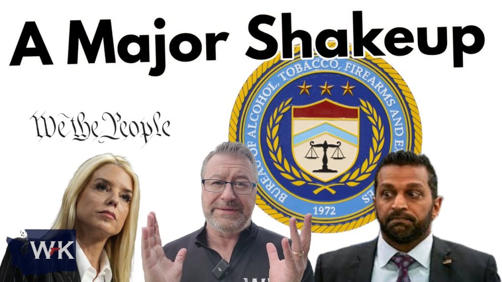 A "Major Shakeup" headline appears above three people in front of a seal for the Bureau of Alcohol, Tobacco, Firearms, and Explosives. The background features a decorative "We the People" script.