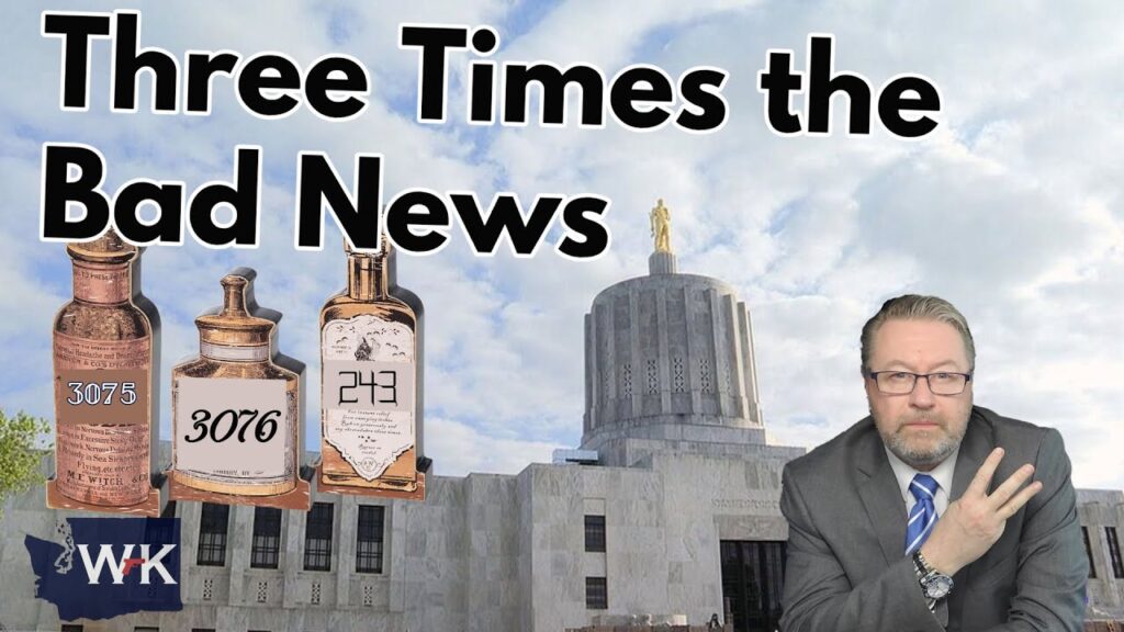 A man in a suit holds up three fingers in front of a government building with a gold statue on top. The text reads "Three Times the Bad News" above three old bottles with numbered labels.