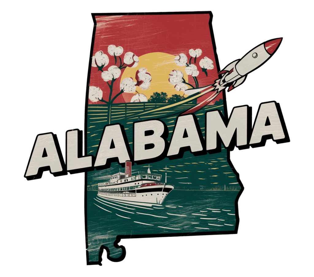 Illustration of Alabama's state outline featuring a sunset, cotton plants, a riverboat, and a rocket launching. The word "Alabama" is prominently displayed across the image. The background combines red, yellow, and teal hues.
