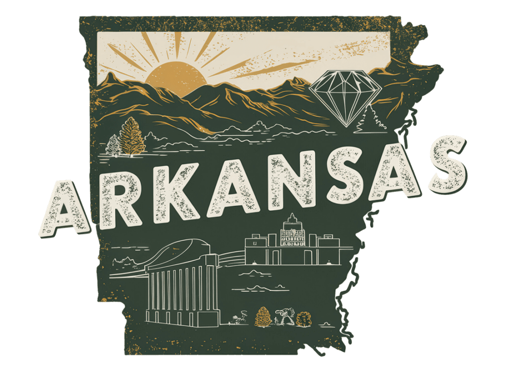 Illustration of Arkansas featuring the state's shape with mountains, sunrise, diamond, and iconic landmarks like a columned building and a cityscape. The word "Arkansas" is prominently displayed across the image.