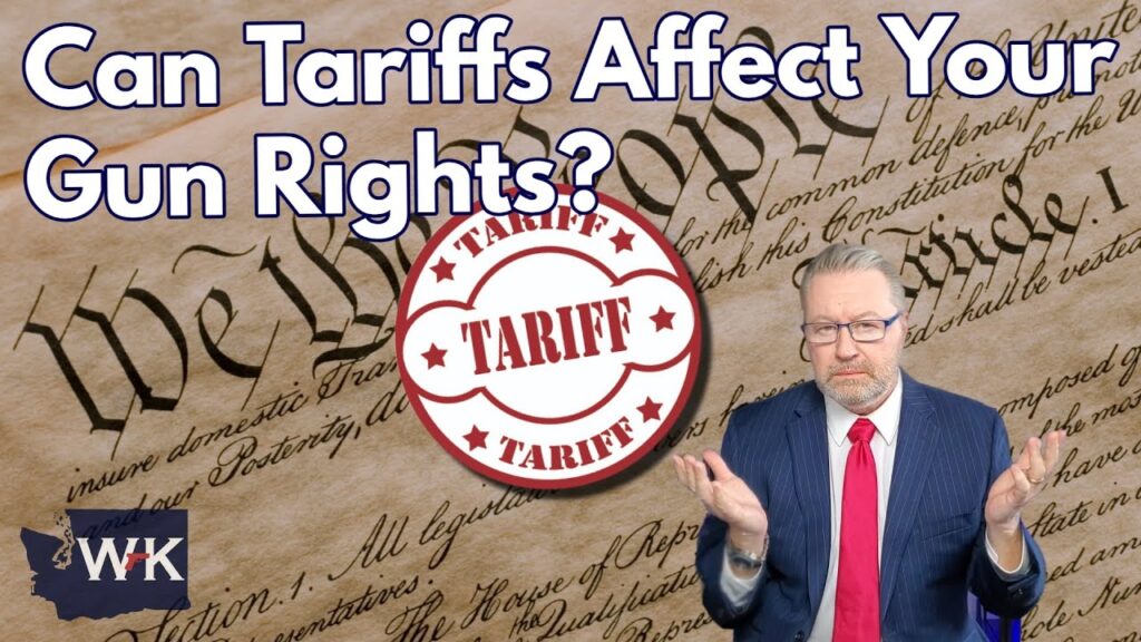 Man in a suit gestures with palms up, sitting in front of a partial U.S. Constitution backdrop. A "Tariff" stamp is centered above him with the text "Can Tariffs Affect Your Gun Rights?" displayed prominently.