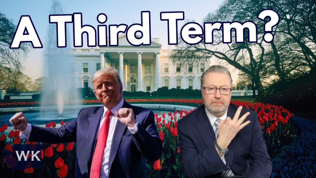 A man in a suit stands with raised fists near the White House. Large text reads "A Third Term?" Another man gestures toward the text with three fingers. Tulips and trees are in the background.