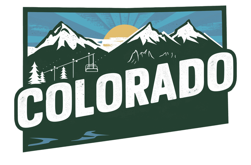 Illustration of snow-capped mountains with a rising sun in the background. The word "COLORADO" is prominently displayed in bold letters below ski lifts and trees, with stylized snow and river elements.