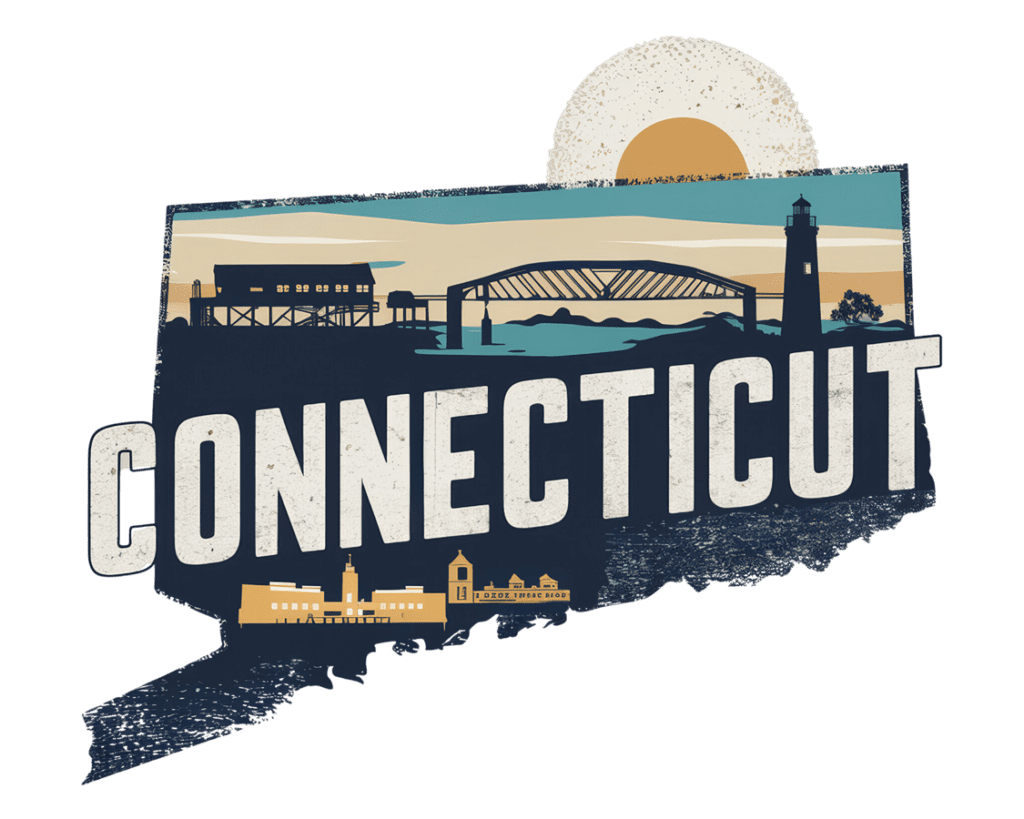 Illustration of Connecticut's shape featuring a bridge, lighthouse, and buildings in silhouette. "CONNECTICUT" is prominently written in bold letters across the image. A sun in a blue sky is visible in the background.