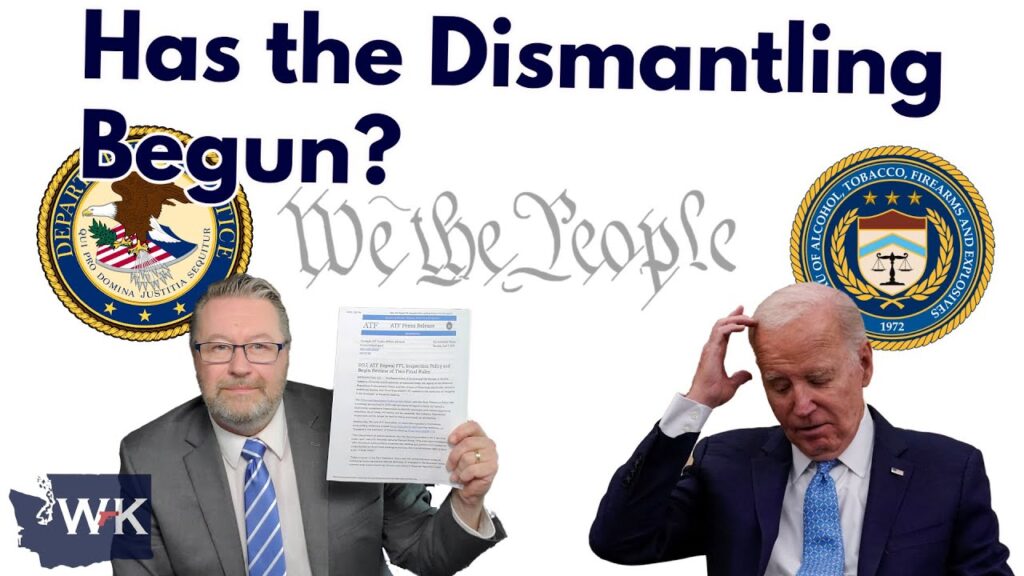 A man in a suit holds a document, pointing to it, while another man in a suit touches his head. The text reads, "Has the Dismantling Begun?" with official seals and "We the People" in the background.