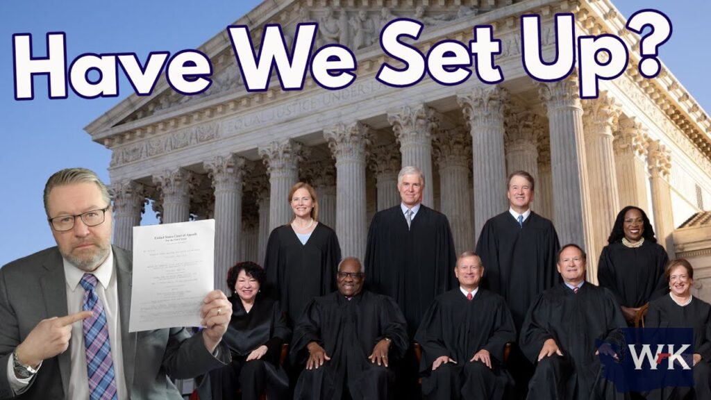 A man in a suit points to a document while the nine U.S. Supreme Court justices pose in front of the Supreme Court building. Large text above them reads "Have We Set Up?.