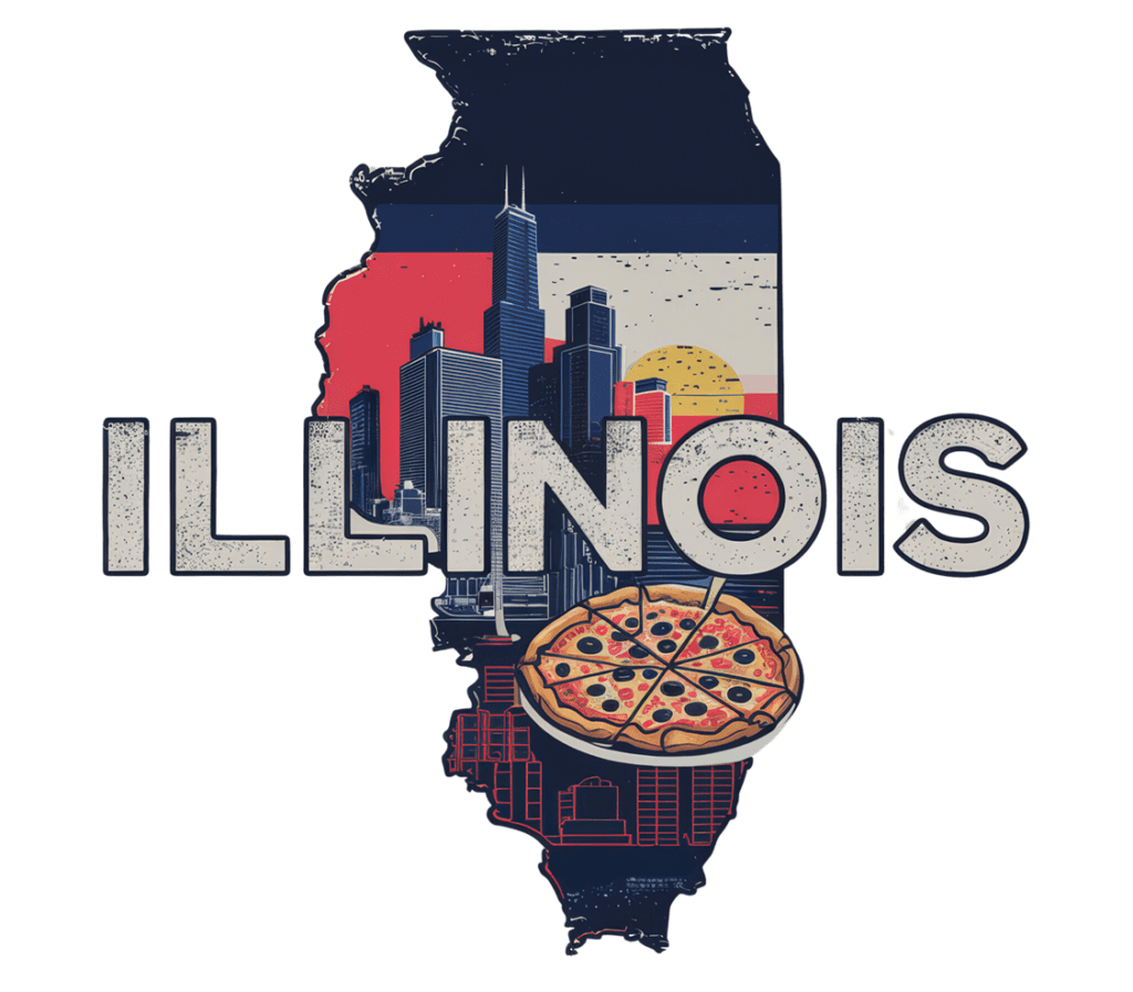 Illustration of the state of Illinois silhouette featuring the Chicago skyline with skyscrapers, a sunset, and the word "ILLINOIS" in bold letters. A slice of pizza is pictured in front of the letters.