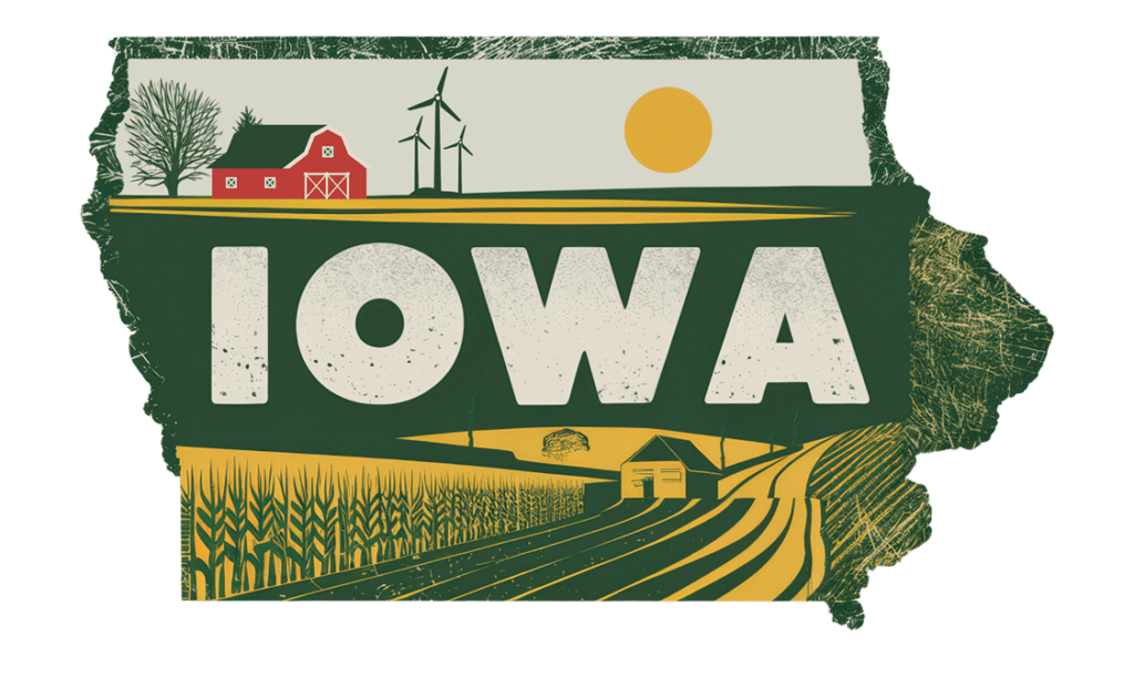 Illustration of Iowa's outline with "IOWA" in bold letters. Features a rural scene with a barn, wind turbines, cornfields, a sun, and trees, representing agriculture and green energy.