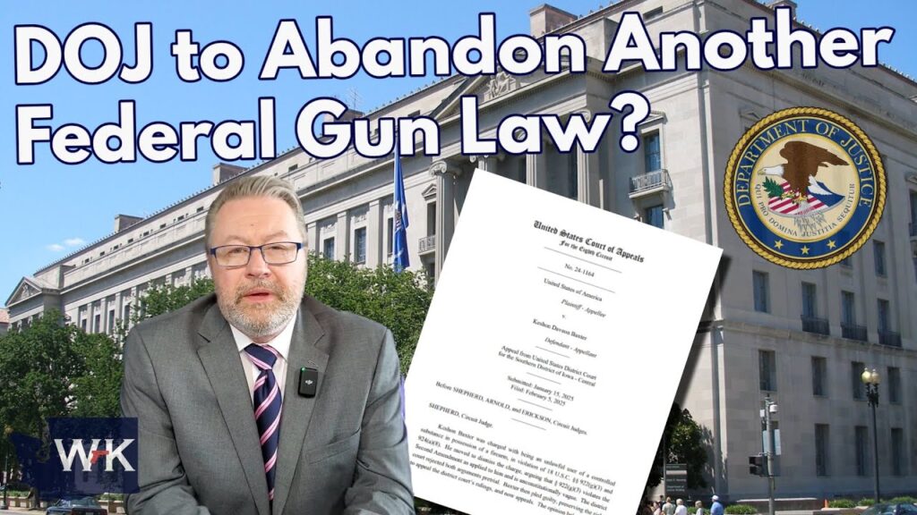 A man with glasses and a beard sits in front of a government building with the Department of Justice seal. Large text reads, "DOJ to Abandon Another Federal Gun Law?" A legal document is shown beside him.
