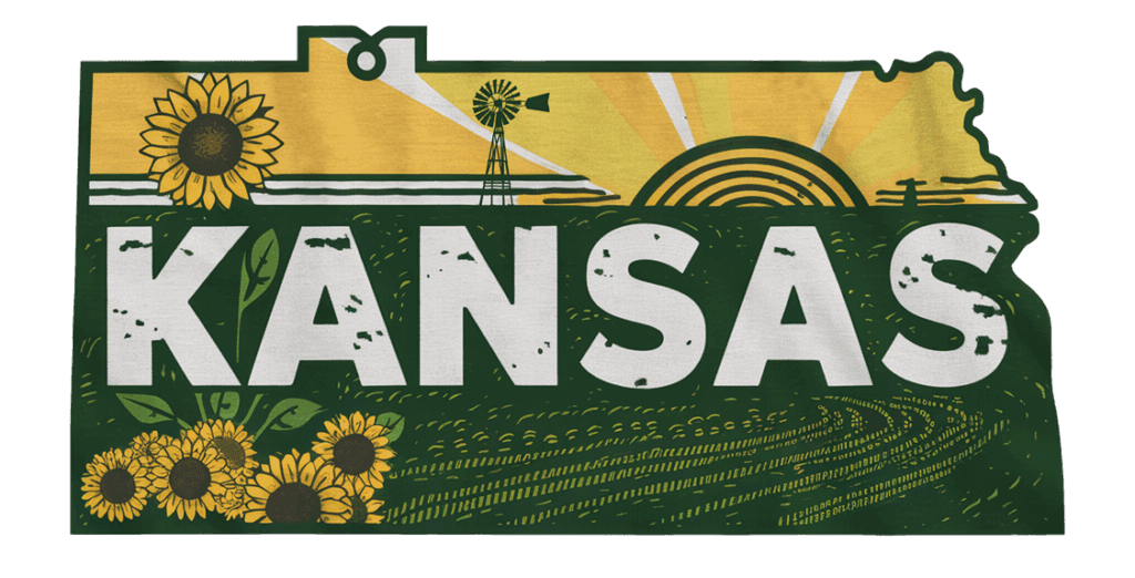 Illustration of Kansas’ state outline with sunflowers, a windmill, sunrise, farm fields, and large bold letters spelling "KANSAS" across a green and yellow landscape background.