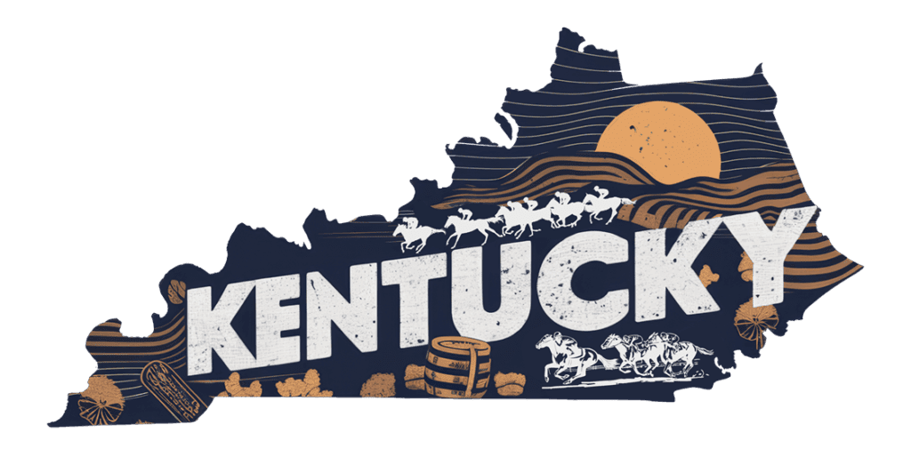 An illustrated map outline of Kentucky features the word "KENTUCKY," horses running, a sunset, barrels, and horseshoes, evoking themes of horse racing and bourbon. The colors are navy blue, tan, and white.
