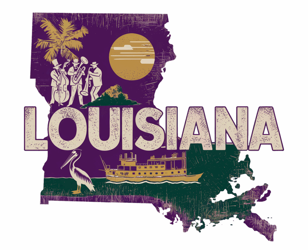 Illustration of Louisiana's state shape featuring a jazz band, a steamboat, a pelican, palm trees, the moon, and the word "LOUISIANA" in large letters across the center.