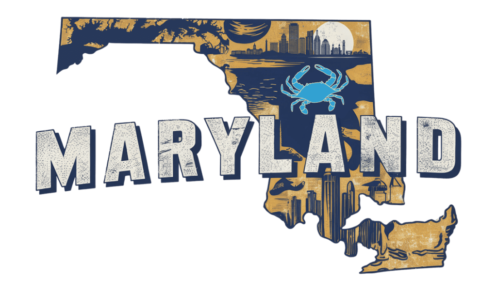 Illustration of Maryland's state outline filled with elements like a blue crab, city skyline, moon, and water motifs. The word "MARYLAND" is overlaid in bold letters.