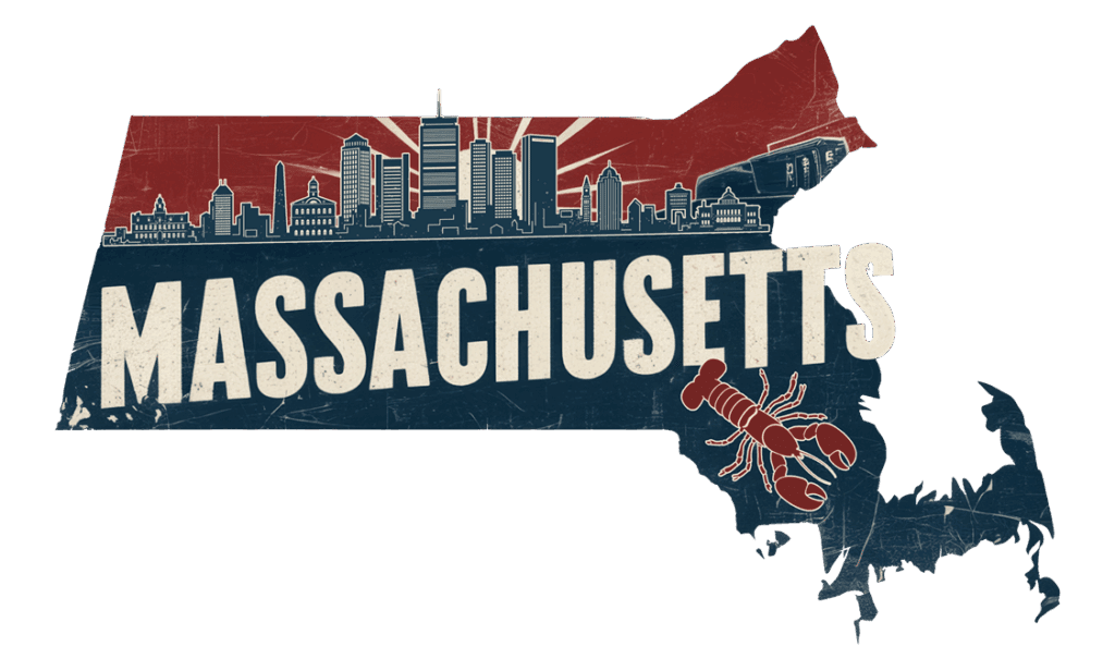A graphic of Massachusetts’ state shape with a city skyline, “MASSACHUSETTS” in bold letters, and a red lobster illustration in the lower right corner. The design uses red, blue, and cream colors.