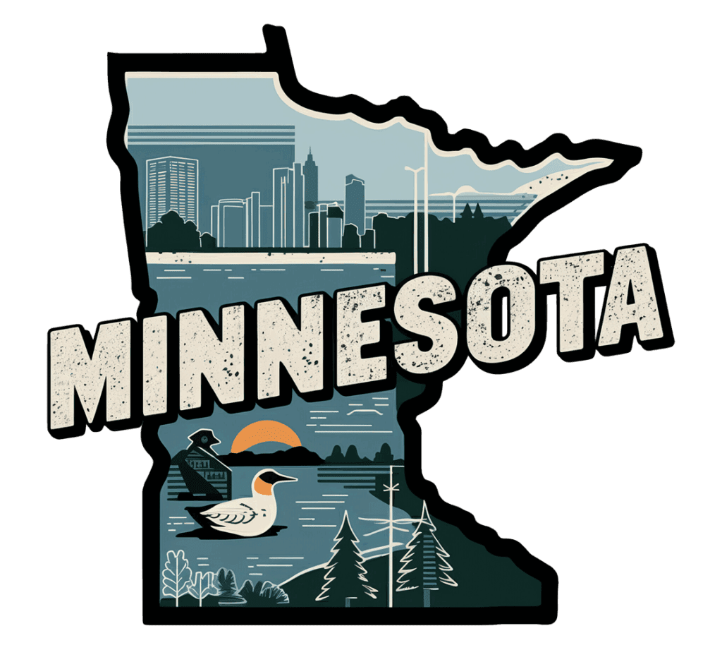 An illustration of Minnesota’s state outline features a city skyline, trees, a lake, and a loon. The word “MINNESOTA” is boldly written across the image.