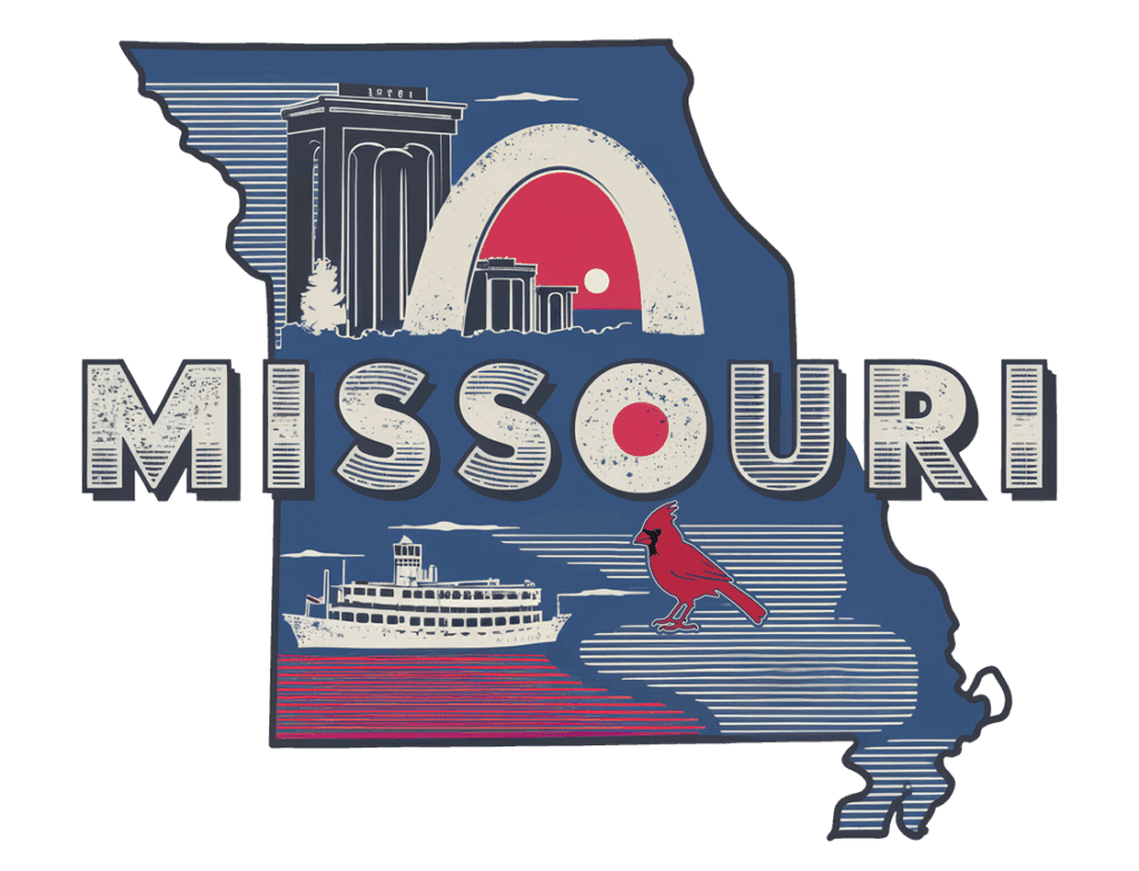 Illustration of the state of Missouri with landmarks: the St. Louis Arch, a riverboat, a red cardinal, and buildings, with “MISSOURI” in bold letters across the image.