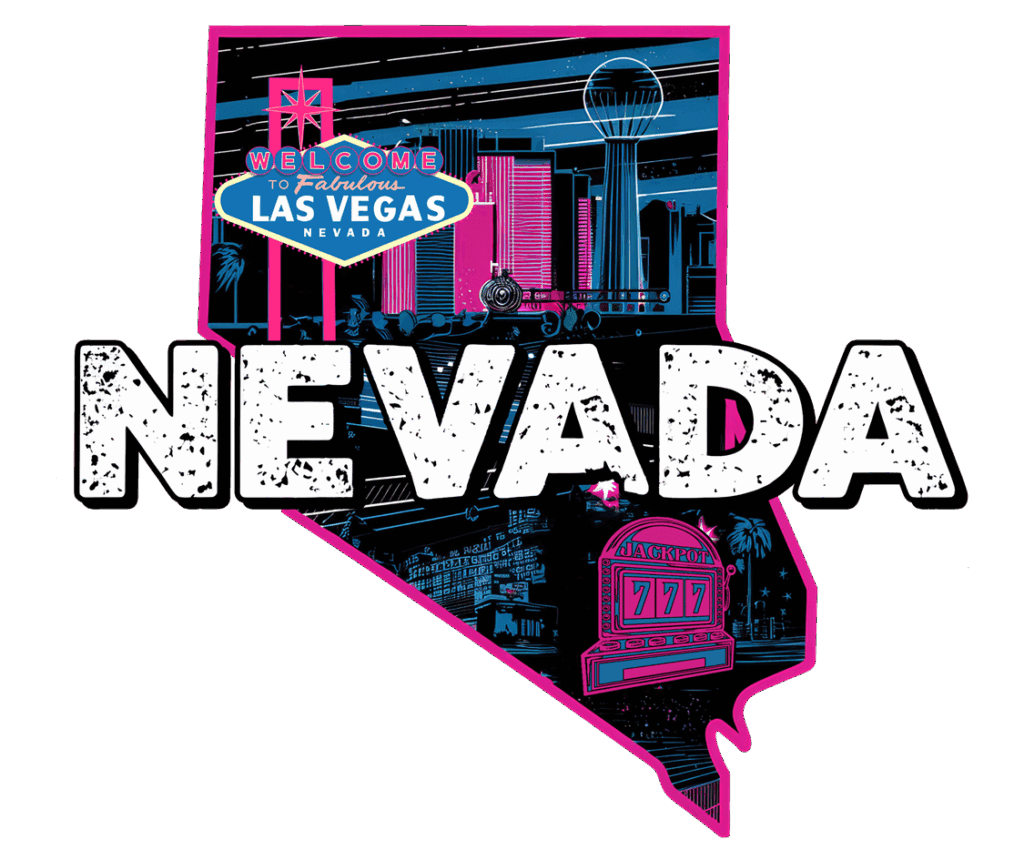 Nevada Gun Shops 5 Illustration of the state of Nevada outlined in pink, featuring Las Vegas landmarks, neon lights, the “Welcome to Fabulous Las Vegas” sign, a slot machine, and the word "NEVADA" in bold white letters across the image.
