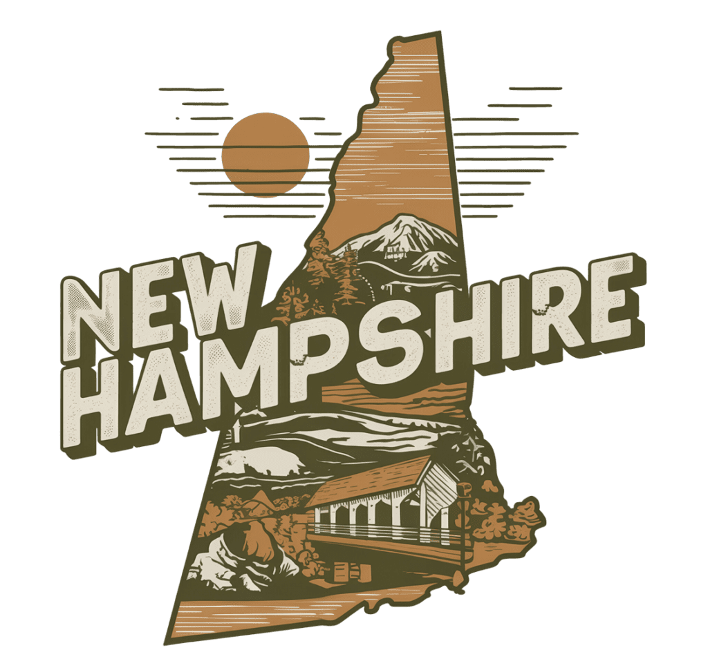 Illustration of New Hampshire with a sun, mountains, trees, and a covered bridge inside the state outline. Text reads "New Hampshire." The design features earthy colors and a rustic style.