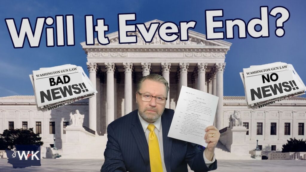 A person in a suit holds documents in front of the U.S. Supreme Court building. The text reads, "Will It Ever End?" with newspapers labeled "Bad News!!" and "No News!!" to the sides.