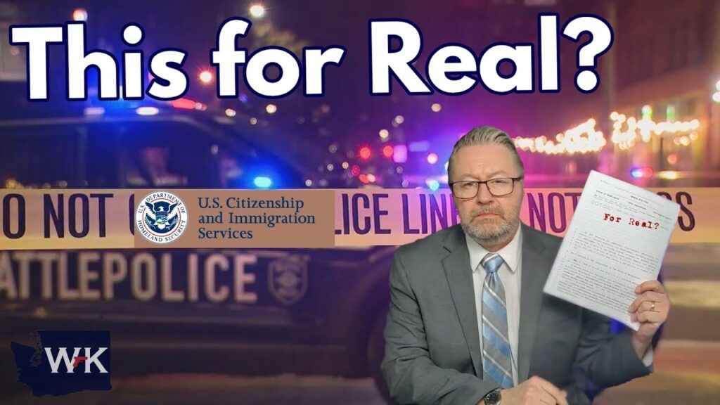 A man in a suit holds a letter marked "For Real?" in front of police tape with the words "Seattle Police." The backdrop features blurred emergency lights. The text "This for Real?" is prominent at the top.