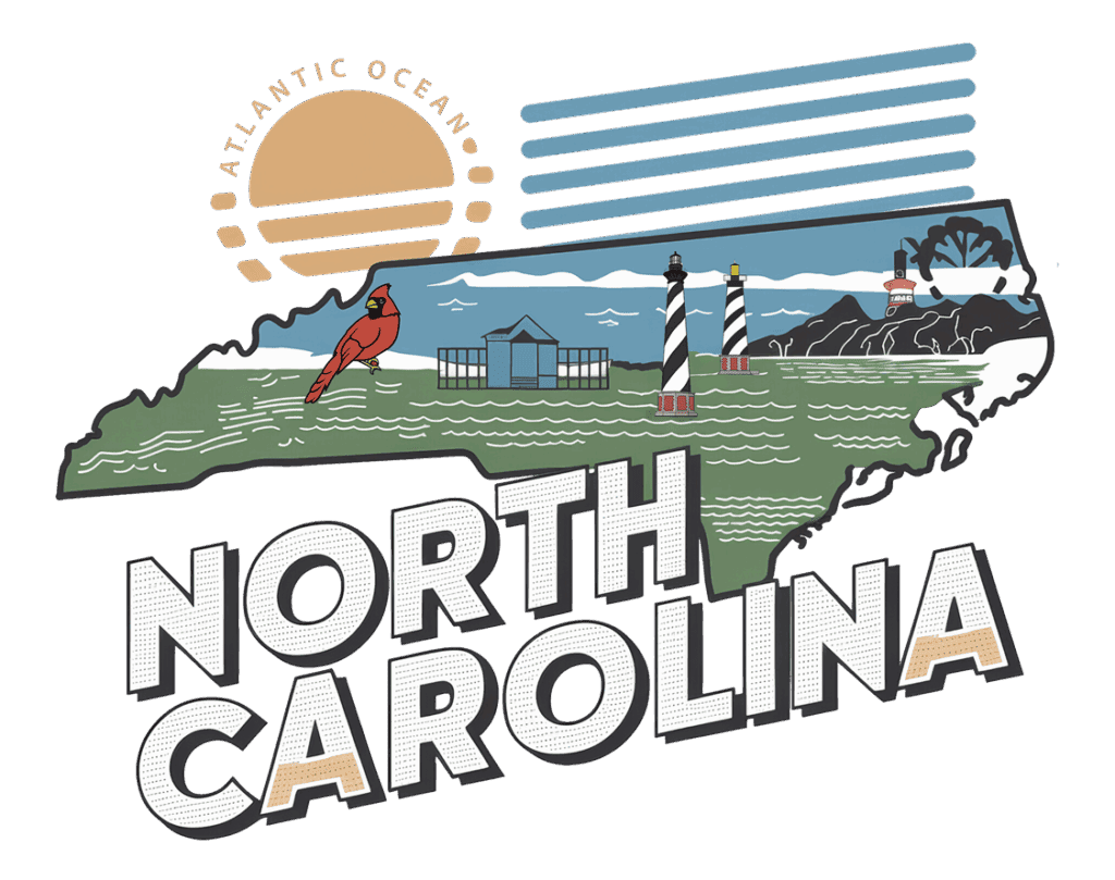 Illustration of North Carolina’s state outline featuring a cardinal, lighthouses, the Atlantic Ocean, sea waves, and a sunrise, with bold text reading “North Carolina” underneath.