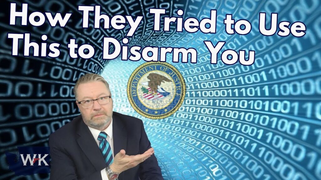 A man in a suit gestures with his palm up in front of a digital binary background, the U.S. Department of Justice seal, and large text reading "How They Tried to Use This to Disarm You.