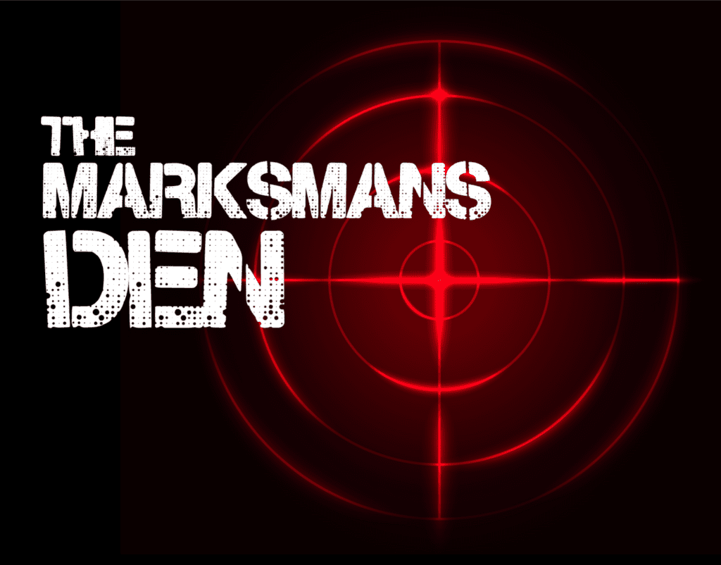 Text "THE MARKSMANS DEN" appears in white, stylized font on a black background. To the right, a red glowing target with crosshairs is displayed, resembling a scope or aiming reticle.