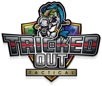 Logo for "Tricked Out Tactical" featuring a cartoon fish with tactical gear, holding a gun. The text is bold and metallic with colorful highlights, positioned over a shield with geometric shapes.