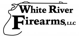 Logo of White River Firearms, LLC, with the text "White River Firearms" in large font and "LLC" in smaller font. The text is framed by the outline of a firearm. The design is in black on a white background.