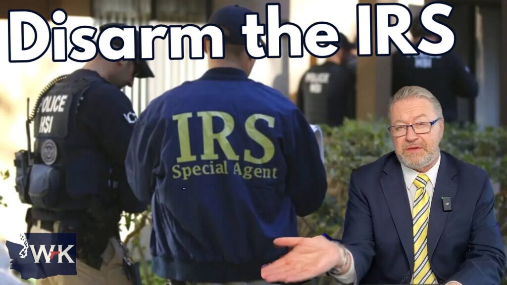 Three law enforcement officers, including one in an "IRS Special Agent" jacket, stand outside a building. Large text reads "Disarm the IRS." A man in a suit gestures in the bottom right corner.