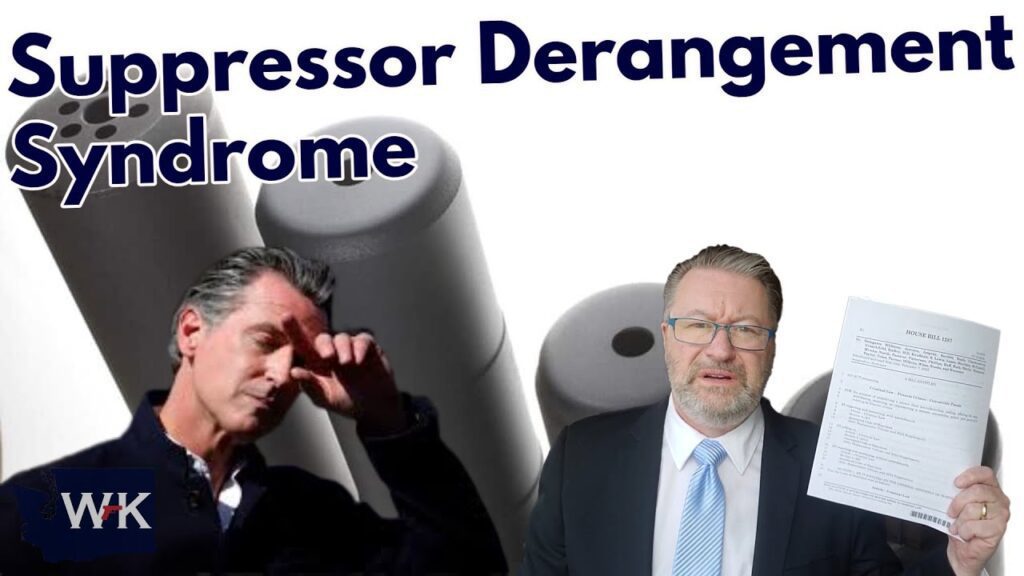 A man in a suit holds a document, looking upset, while another man rests his head on his hand. Large suppressor images are in the background. Text reads "Suppressor Derangement Syndrome.
