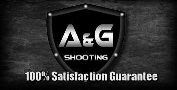 A black shield with metallic text reads "A&G Shooting." Below, white bold text says "100% Satisfaction Guarantee" on a textured dark background.